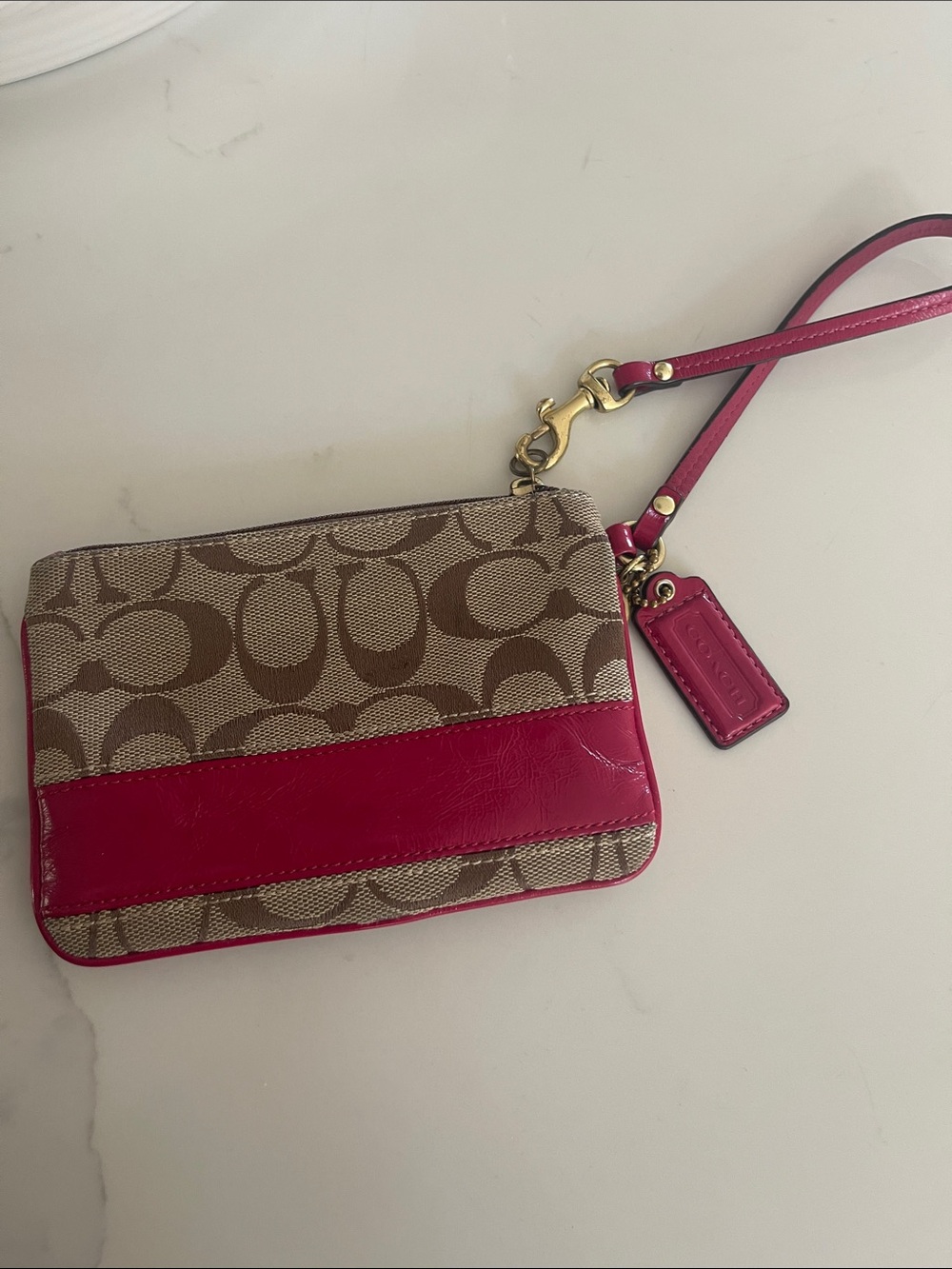 Coach Khaki Signature Canvas Wristlet with Hot Pink Trim